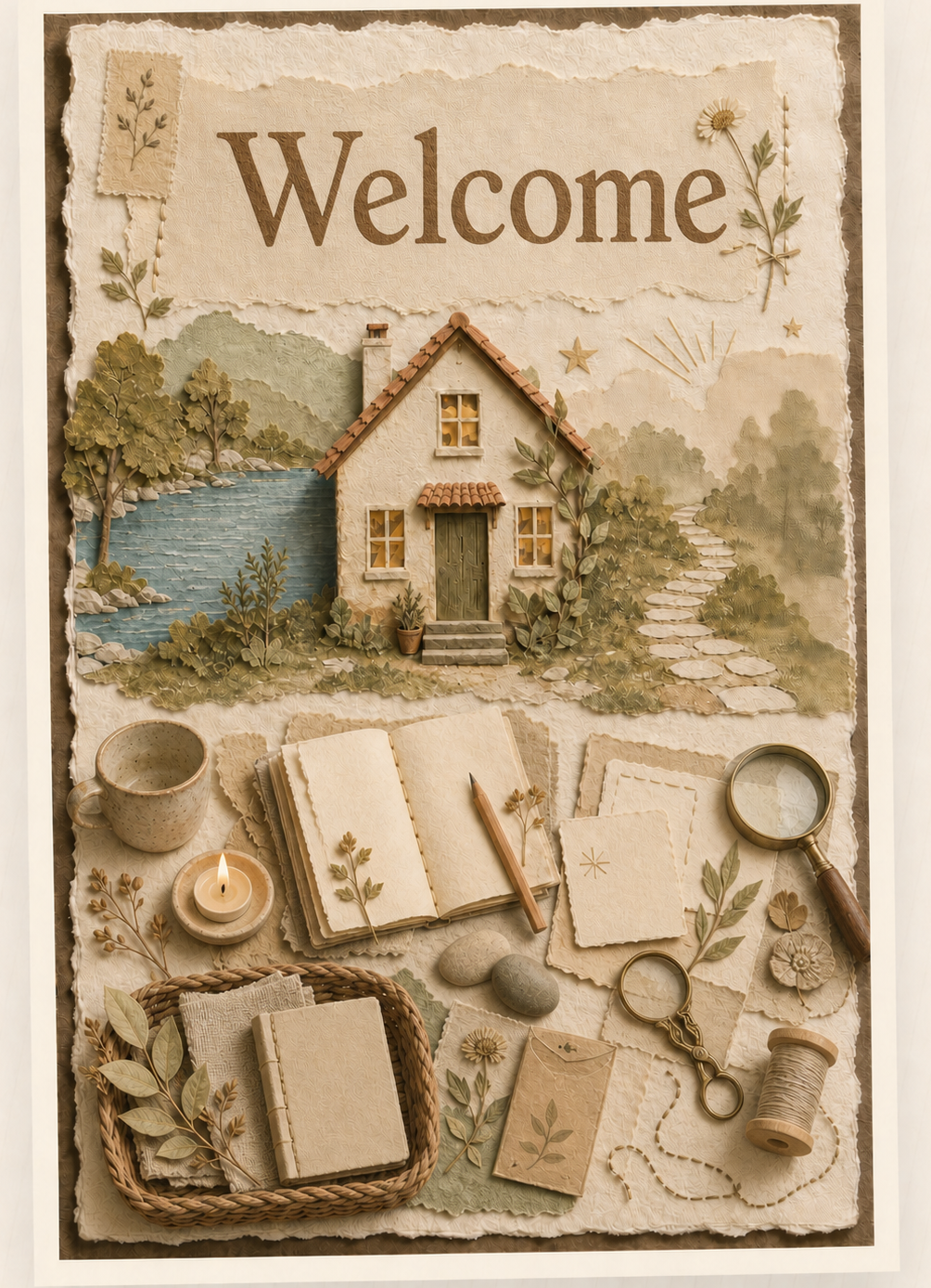 Example of a handmade Possibility Conversation welcome collage with a house, landscape, notebook, meaningful objects, and botanical details