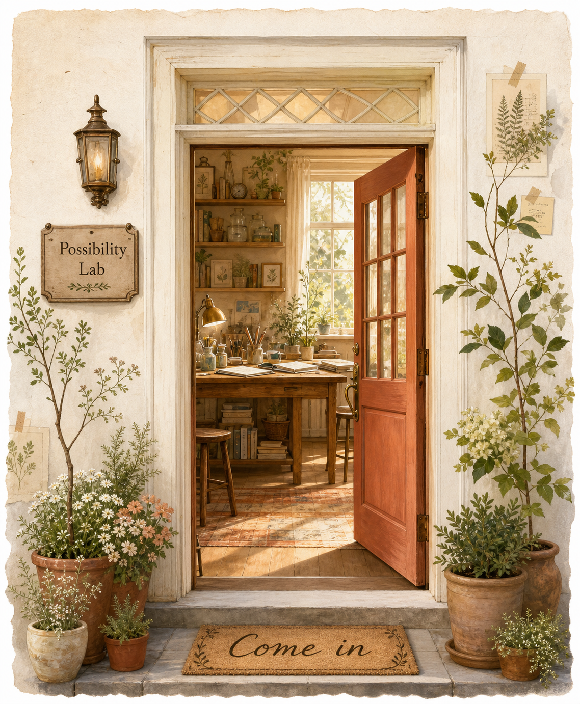 An open door welcoming visitors into the warm, sunlit Possibility Lab creative studio.