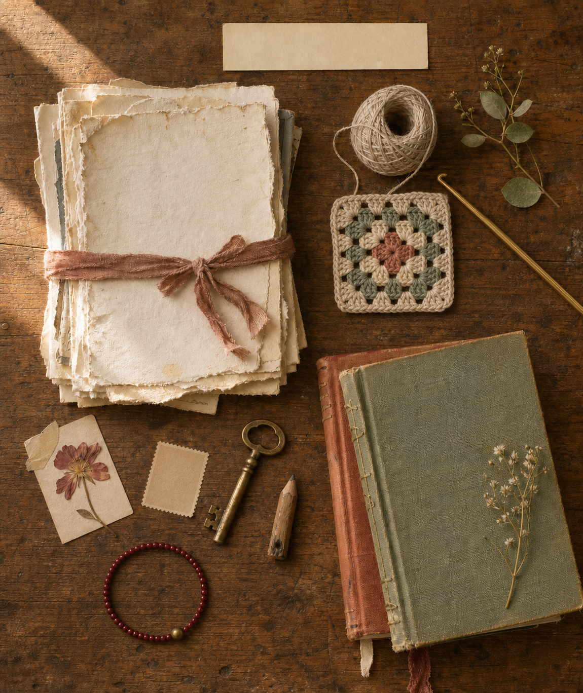 Handmade paper, journals, a granny square, botanical clippings, a brass key, and a red beaded bracelet arranged on a warm wooden table.