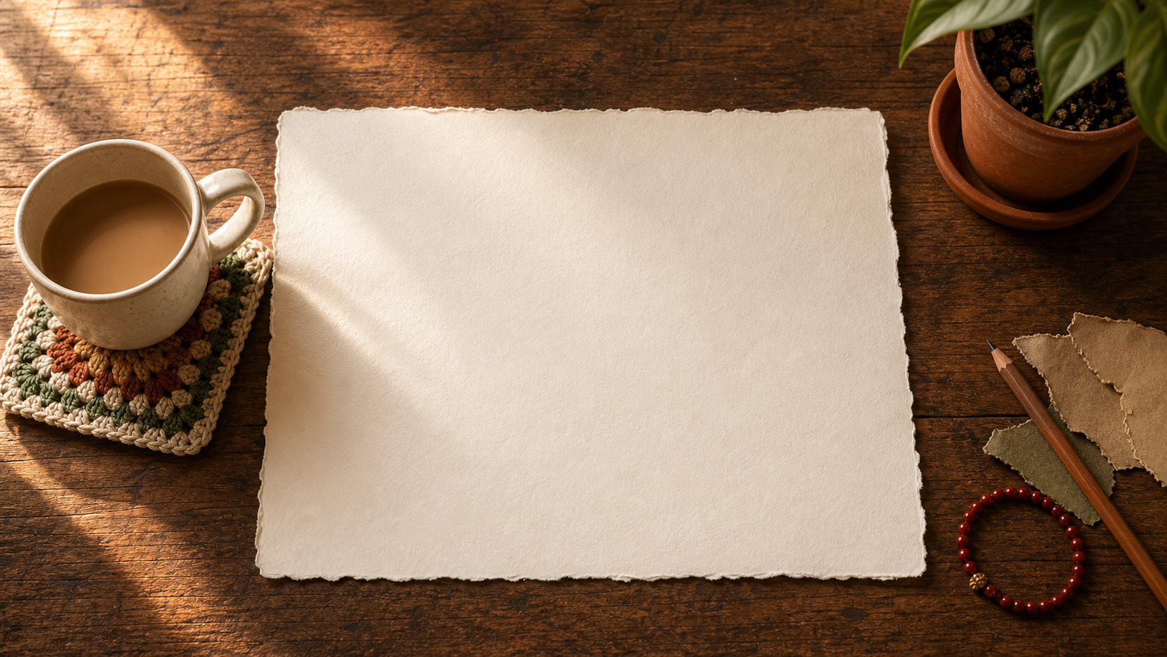 A handmade sheet of paper on a walnut table, surrounded by coffee, a plant, a pencil, paper scraps, and a red beaded bracelet