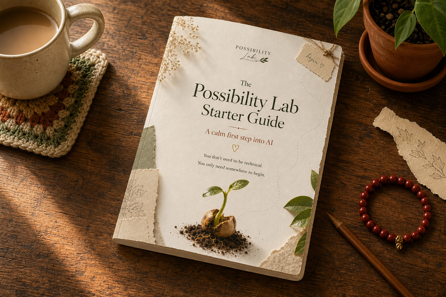 The Possibility Lab Starter Guide resting on a walnut table with coffee, a plant, and a red beaded bracelet